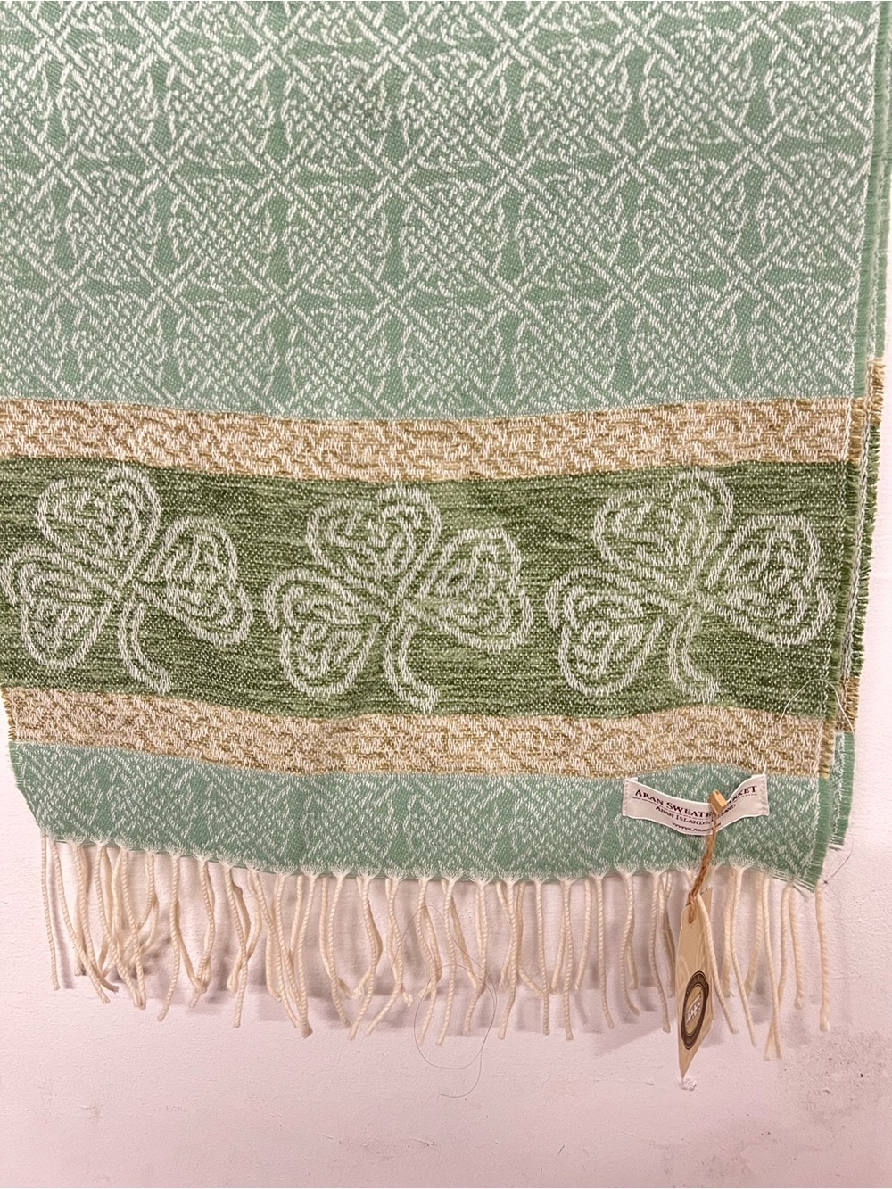 New Aran Sweater Market Celtic Shamrock Green Patterned Fringe Scarf - Picture 4 of 6